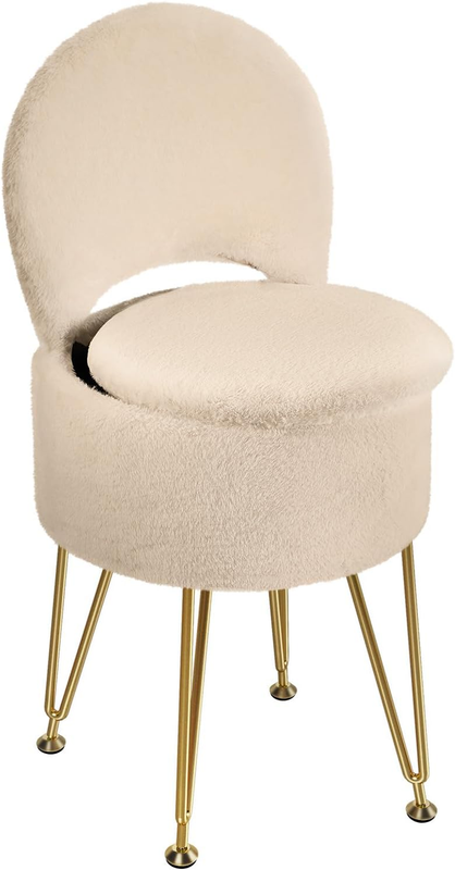 Faux Fur Vanity Stool Chair w/Storage Folding Back Ottoman Camel11