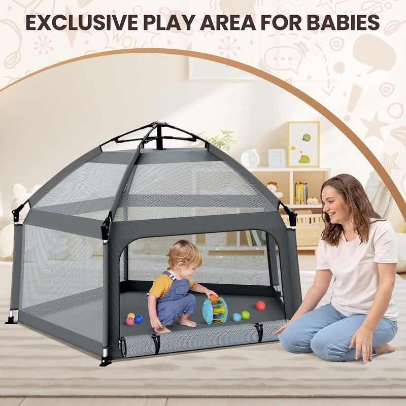 Portable Baby Playpen with Self-Inflating Mat & Travel Bag - Grey3