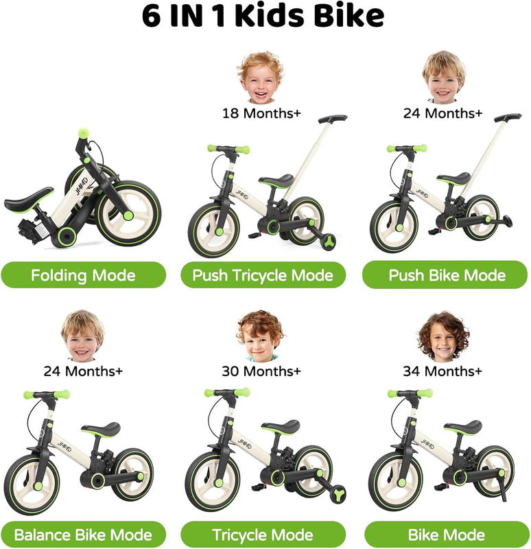 6-in-1 Toddler Bike 12" Balance Bike Push Handle Training Wheels Kids1