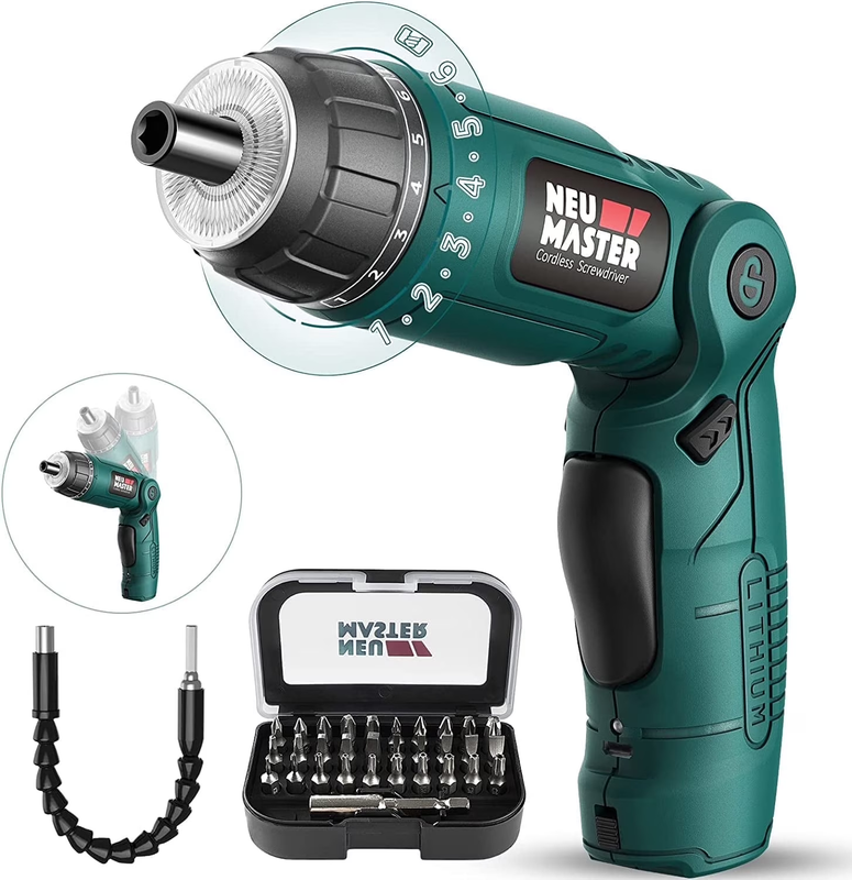 4V Cordless Electric Screwdriver 6+1 Torque 32pc Bits Pivot Handle LED 2000mAh6
