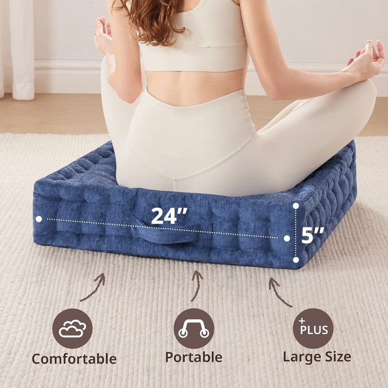 Large Tufted Floor Pillow 24"x24" Chenille Meditation Cushion Navy7