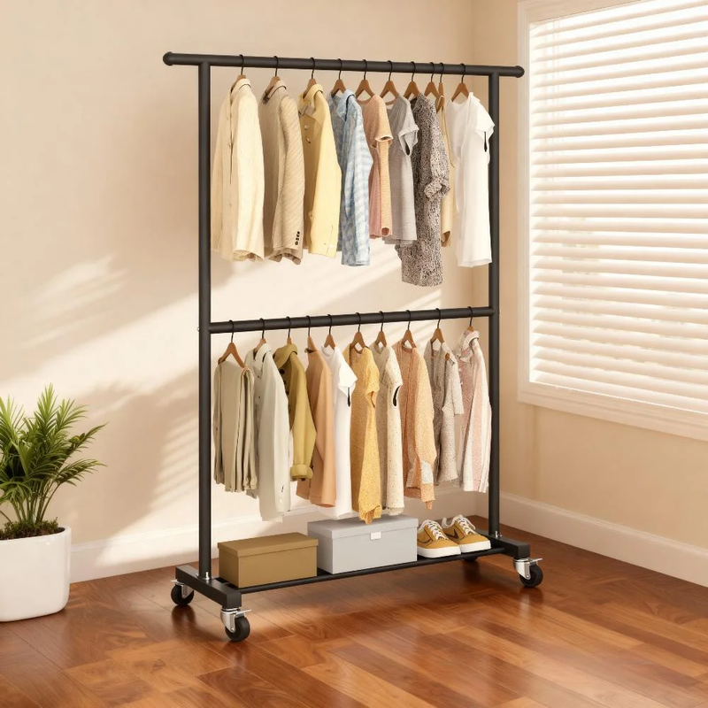 Freestanding Clothes Rack with Wheels Metal Clothing Rack with Shelves4