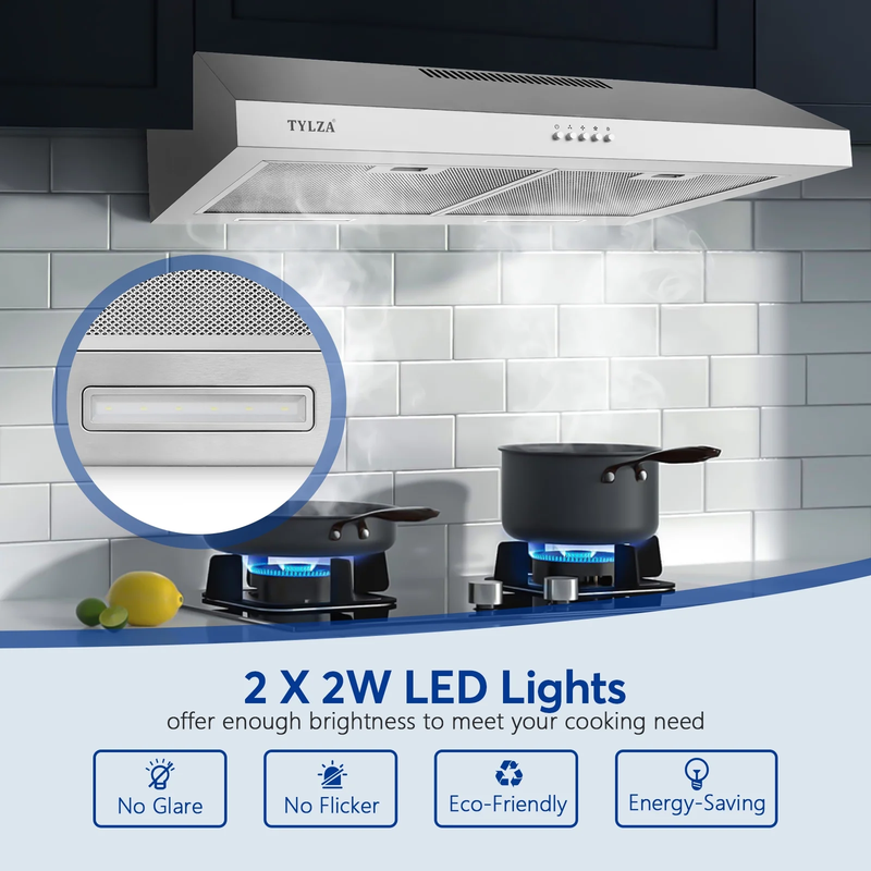 Tylza 30" 600CFM Stainless Steel Under Cabinet Range Hood LED Charcoal Filter11