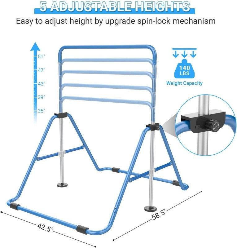 Foldable Kids Gymnastics Bar 5 Height Adjustable Indoor/Outdoor 140lb Limit1