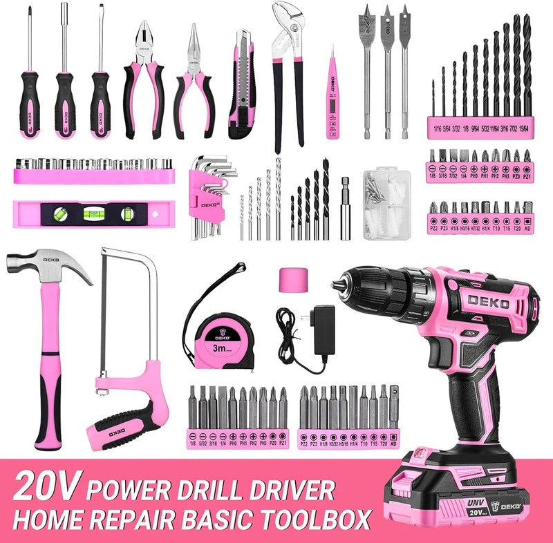 20V Cordless Drill Tool Kit Pink Electric Drill Driver w Battery & Toolbox1