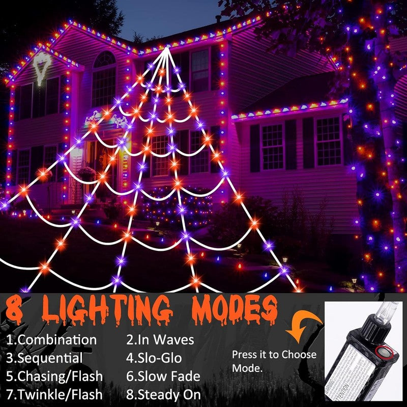 Halloween Spider Web Lights 150 LED, 16.4FT, 8 Modes, Purple/Orange, Outdoor2