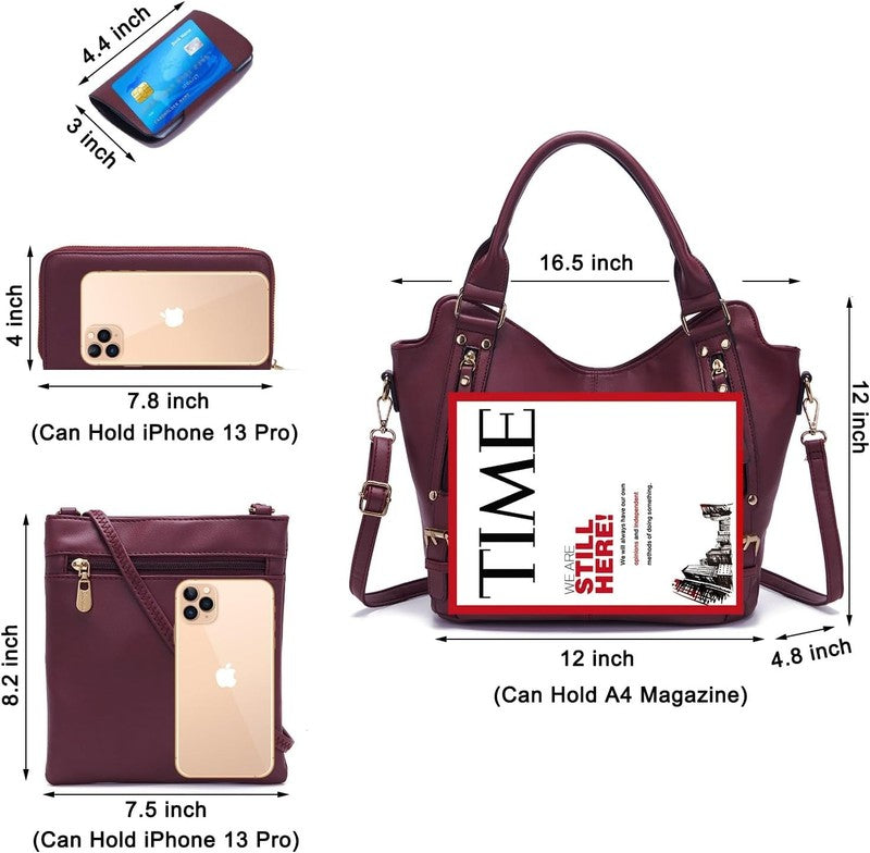 Women Large PU Leather Shoulder Tote Hobo Crossbody Bag Wallet Set 4PCS4