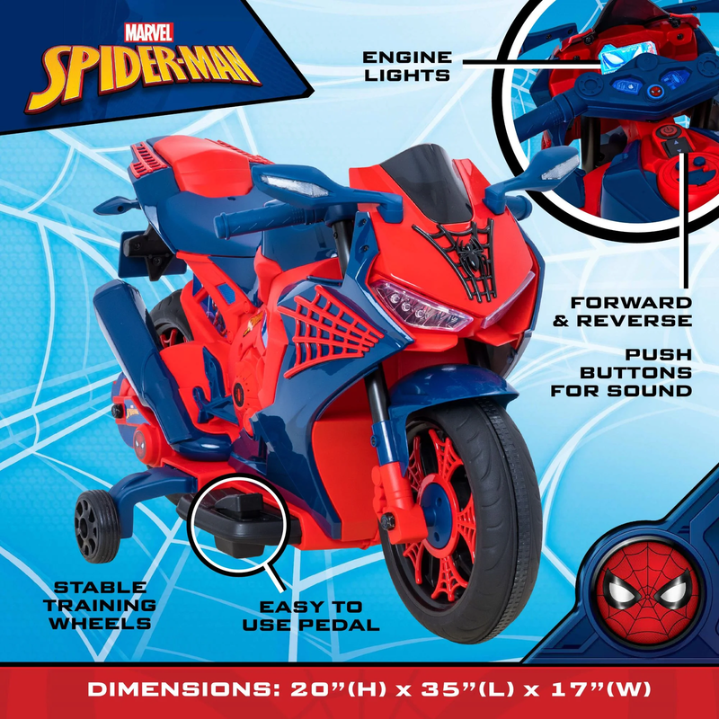 6V Spiderman Motorcycle, Battery Ride on Toy, for Kids, Ages 3+5