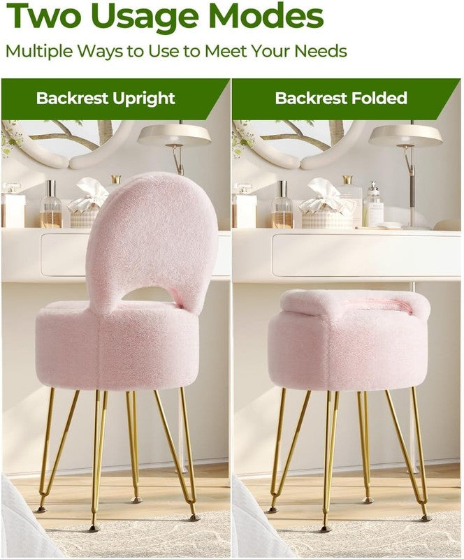 Faux Fur Vanity Stool Chair w/Storage Folding Back Ottoman Pink4