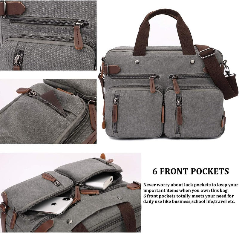 3 in 1 Canvas Laptop Bag 17.3 Inch Convertible Briefcase Multi Pocket Grey4