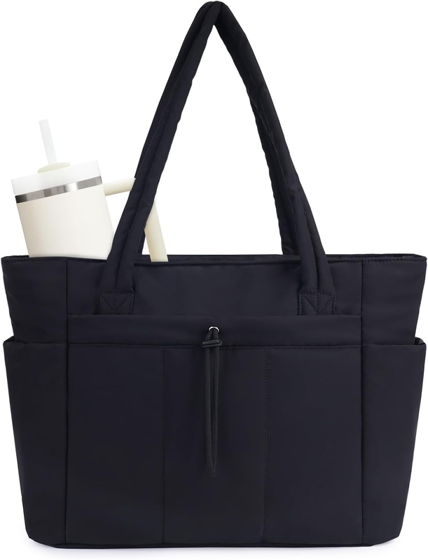 Puffer Tote Bag with Cup Holder & Laptop Compartment & Trolley Sleeve for Travel0