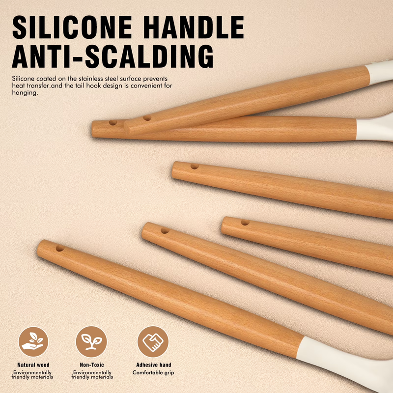 Silicone Kitchen Utensil Set Wooden Handle Holder Heat Resistant Cream White1