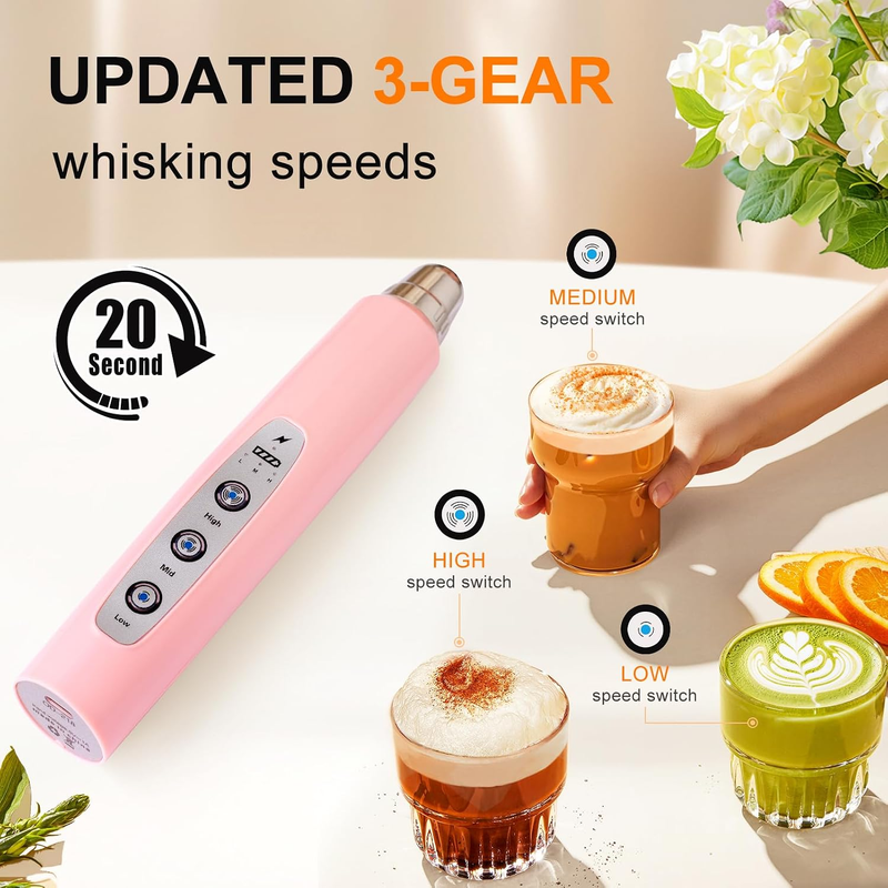 Milk Frother Handheld USB Rechargeable 3 Speed 3 Heads Coffee Whisk Pink2