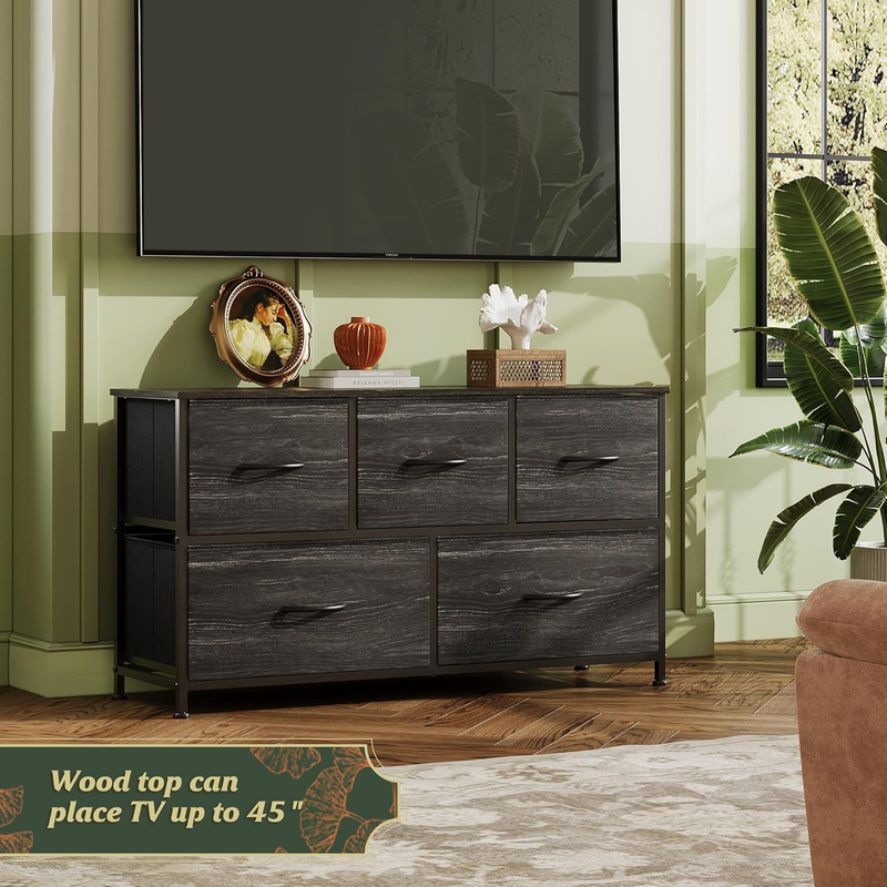 5 Drawer Fabric Dresser Chest Storage Organizer Wood Grain Charcoal Black3