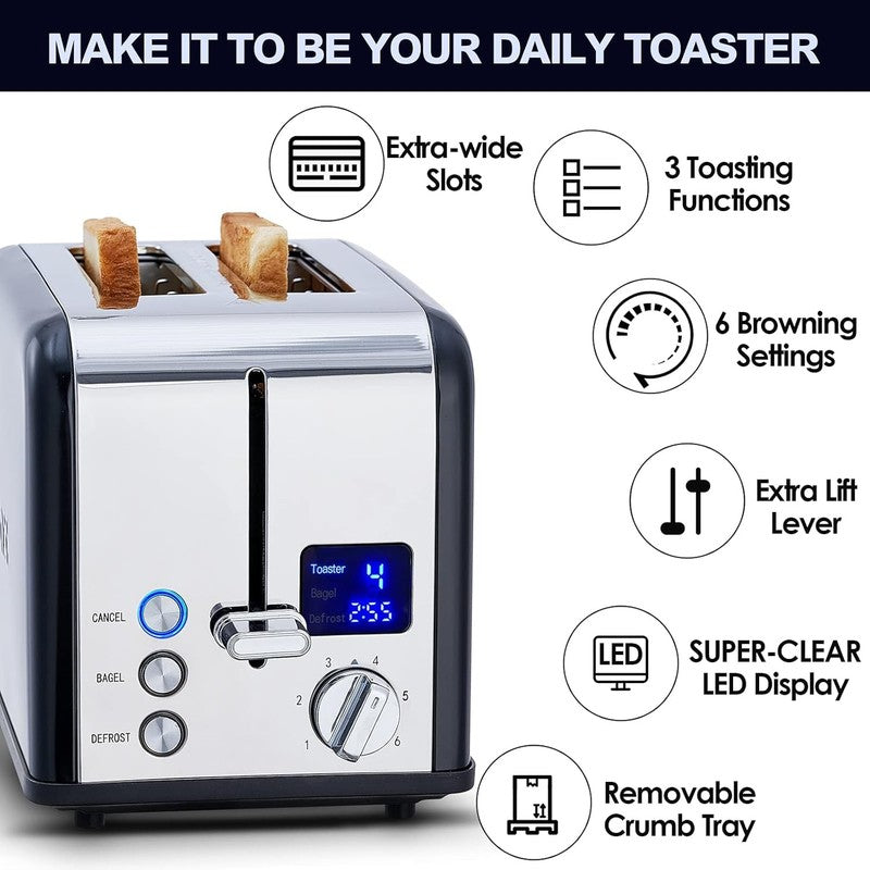 Black 2 Slice Toaster Stainless Steel - LED Display, Wide Slots, 6 Shades, Bagel1