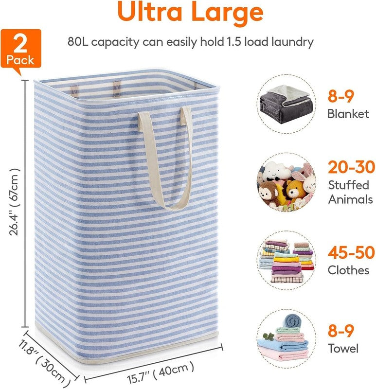2 Pack 80L Laundry Hampers, Large Collapsible Clothes Baskets, Grey & Blue2