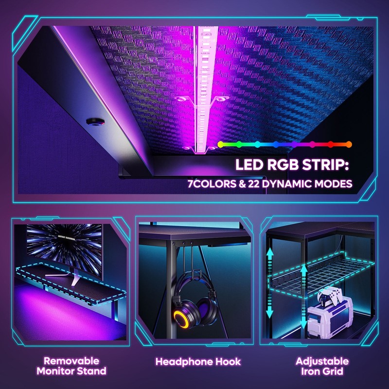 52" L-Shaped Gaming Desk LED with Power Outlet & Monitor Stand Carbon Fiber1