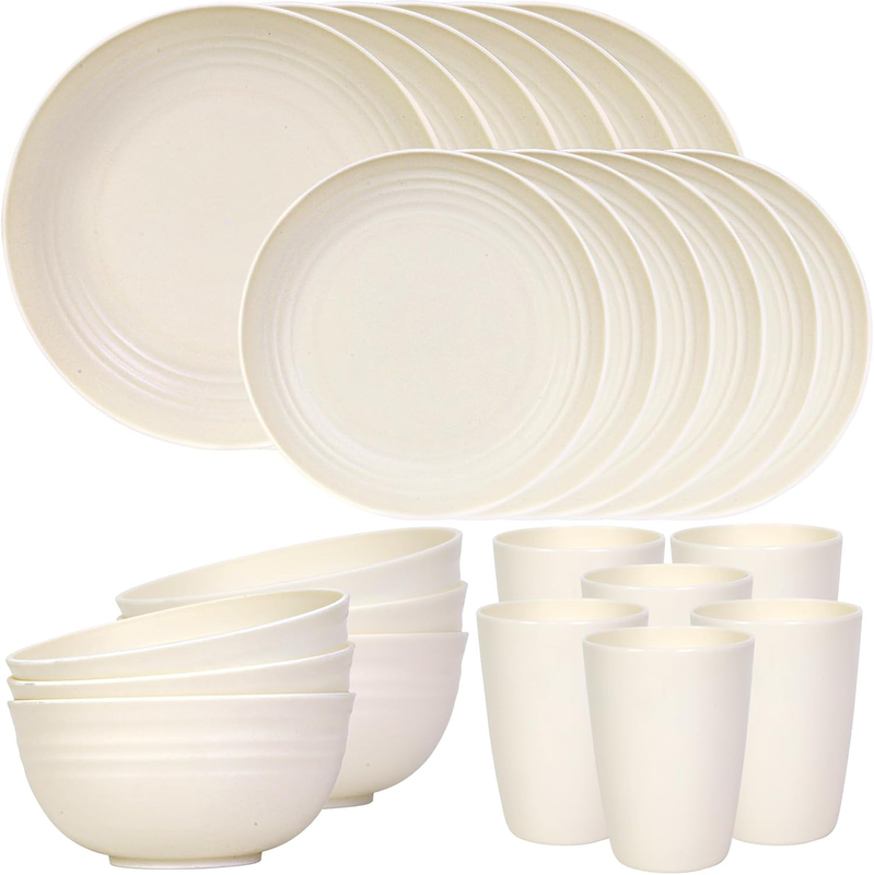 24 Piece Unbreakable Dinnerware Set Plates Bowls for 6 Camping Beige9