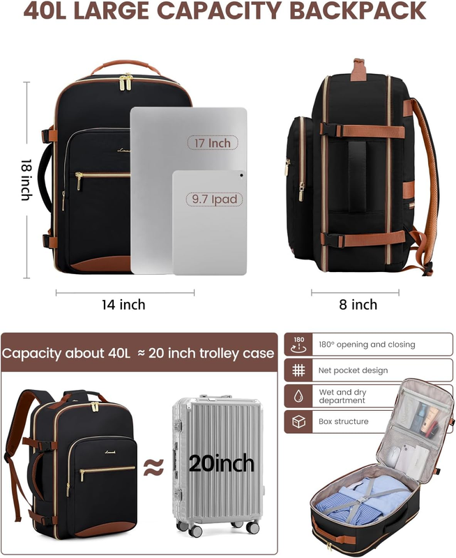 40L Travel Backpack Carry On TSA Approved 17in Laptop 3 Packing Cubes3