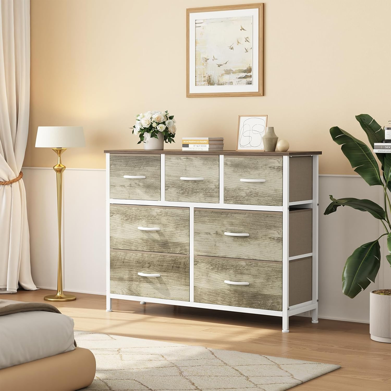 7 Drawer Fabric Dresser Storage Tower Steel Frame Wood Top Greige Oak1