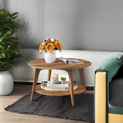 Round Coffee Table 2 Tier Storage Honey Brown 31.5in Living Room5