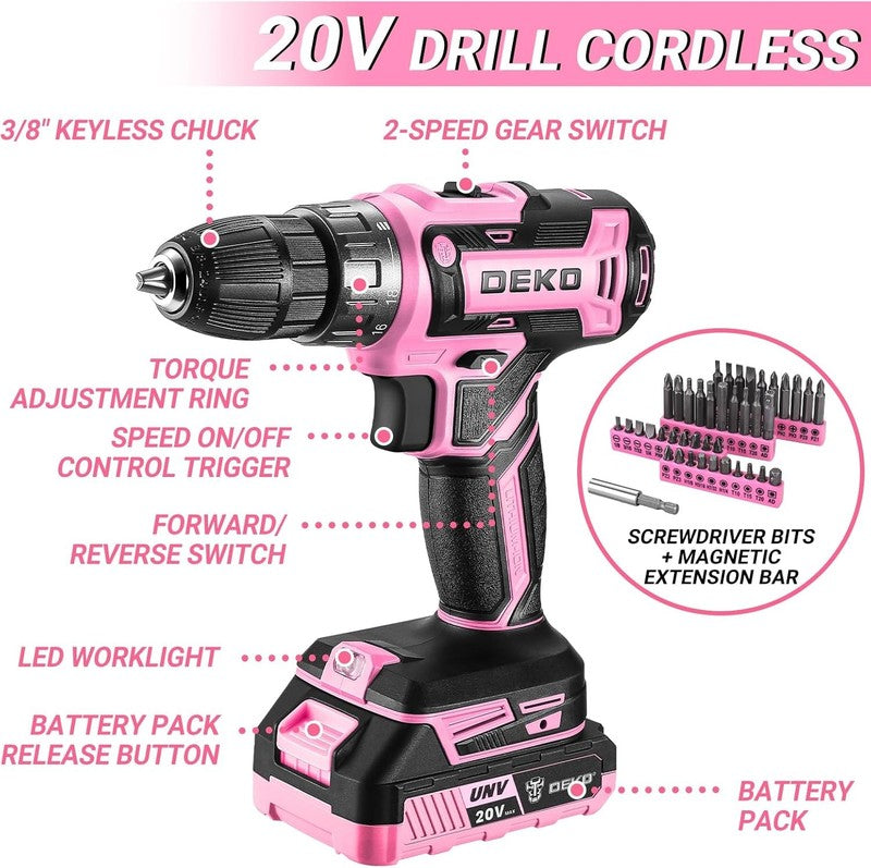 20V Cordless Drill Tool Kit Pink Electric Drill Driver w Battery & Toolbox2