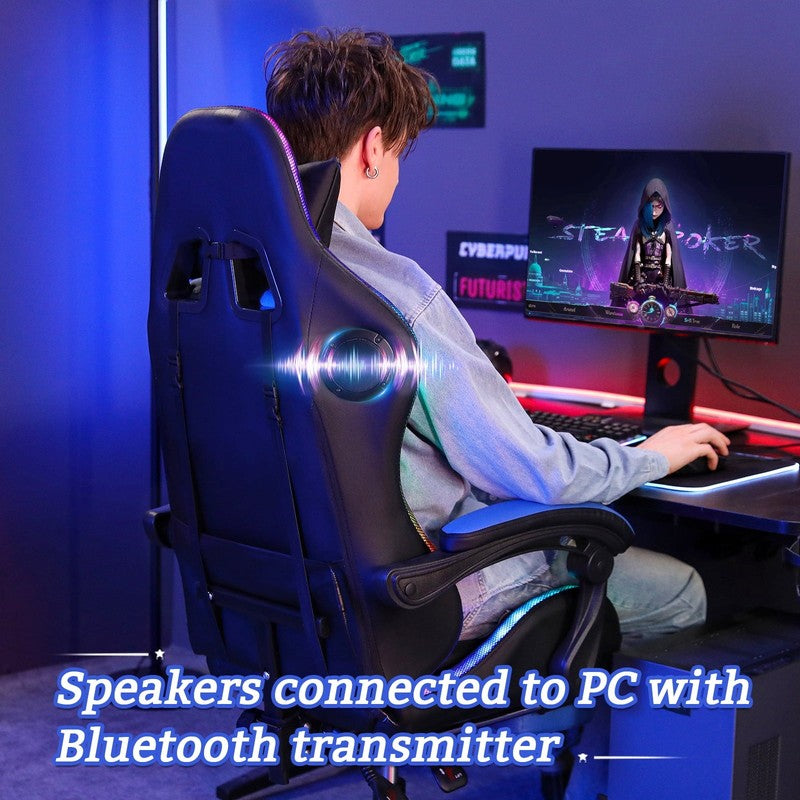 Gaming Chair with Speakers PU Leather Office Chair with Footrest and LED Lights 6