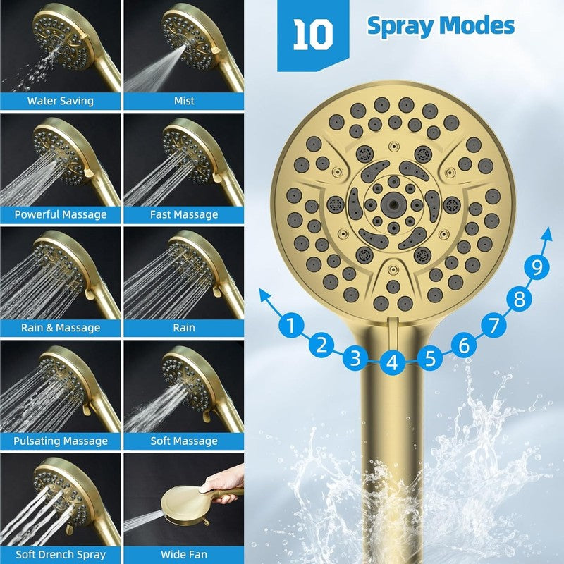 10" Rain Shower Head Combo Handheld 10 Spray 16" Arm Brushed Gold3