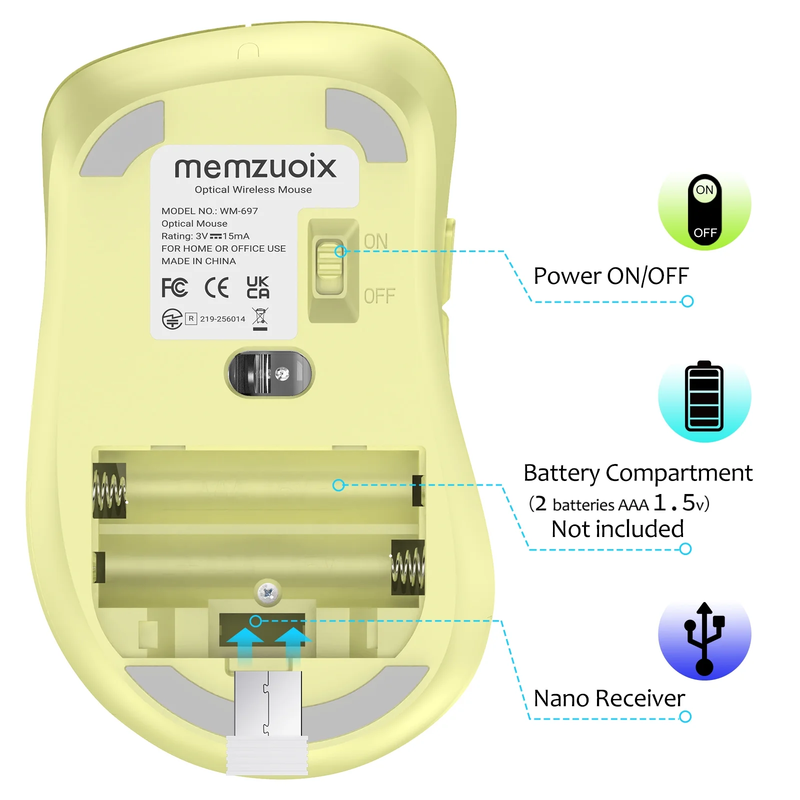 Wireless Optical Mouse 1400 DPI 5 Button USB Receiver for PC Laptop Yellow4