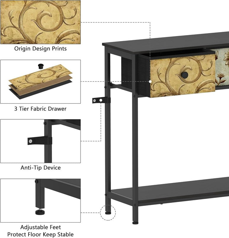 Black Entryway Console Table Boho Farmhouse Sofa Table 3 Fabric Drawers Shelf4