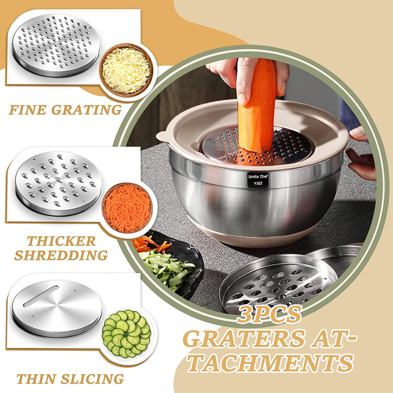 26PC Stainless Steel Mixing Bowls Set Airtight Lids Grater Khaki2