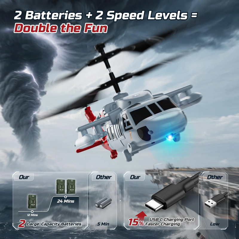 Black Hawk RC Helicopter 2.4GHz 26 Min Flight LED Altitude Hold Toy 8+2