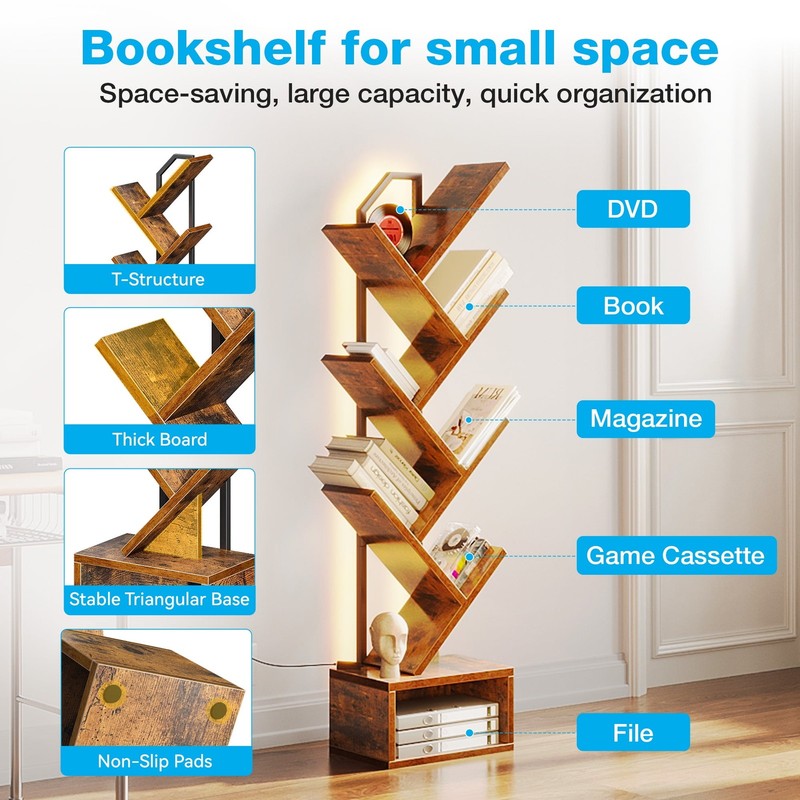 6 Tier Tree Bookshelf, Bookcase with LED Lights, Display Floor Standing Storage3