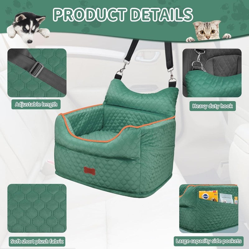 Dog Car Seat Memory Foam Small Dogs up to 25lbs w/ Pockets & Seat Belt Green3