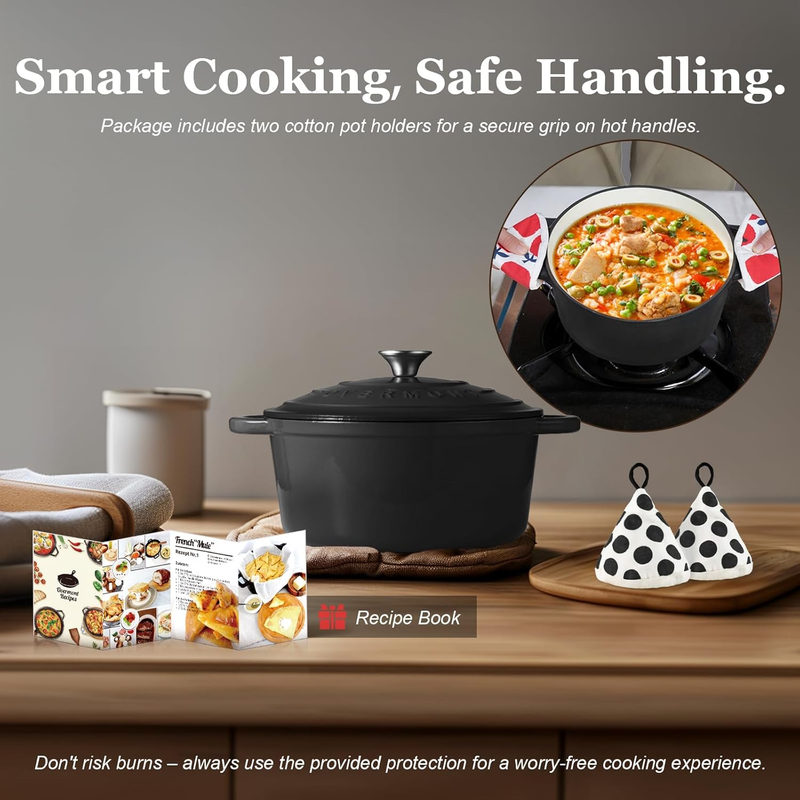 Enameled Cast Iron Dutch Oven   5.5QT Pot with Lid Cookbook & Cotton Potholders 5