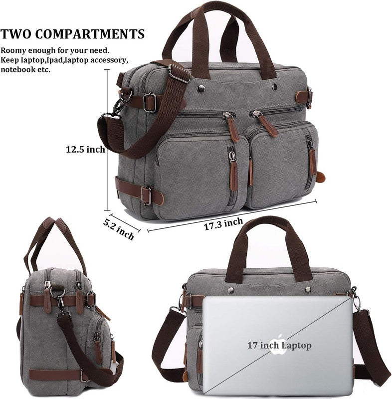 3 in 1 Canvas Laptop Bag 17.3 Inch Convertible Briefcase Multi Pocket Grey2
