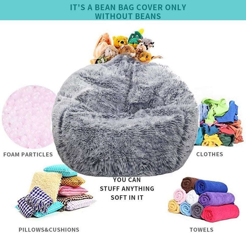 Fluffy Stuffed Animal Storage Bean Bag Cover Faux Fur Gray3