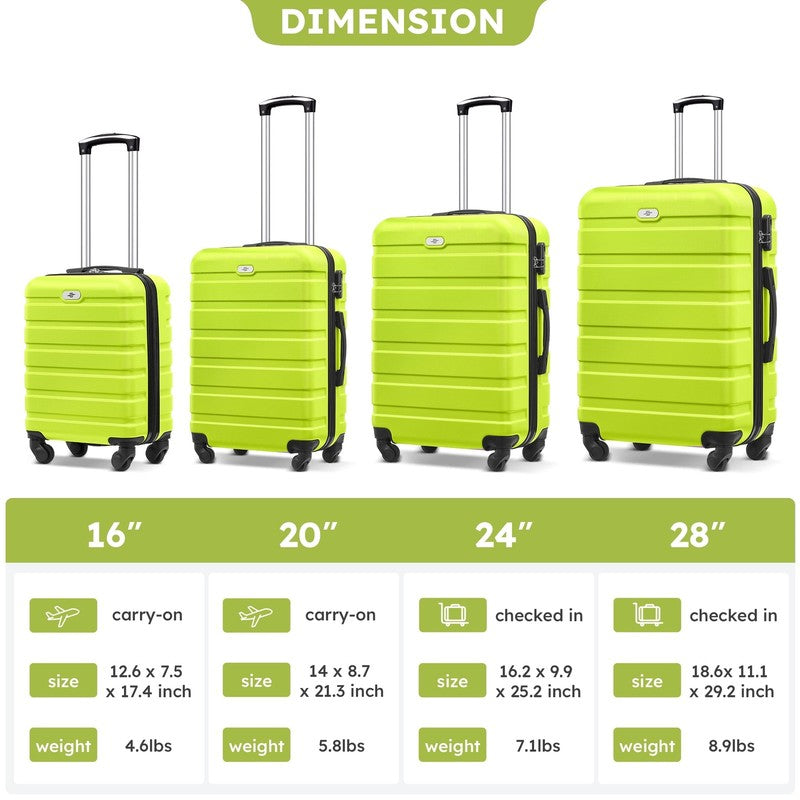 4 Piece Luggage Set Hardside Spinner Suitcase 16 20 24 28 Inch Lime Green9
