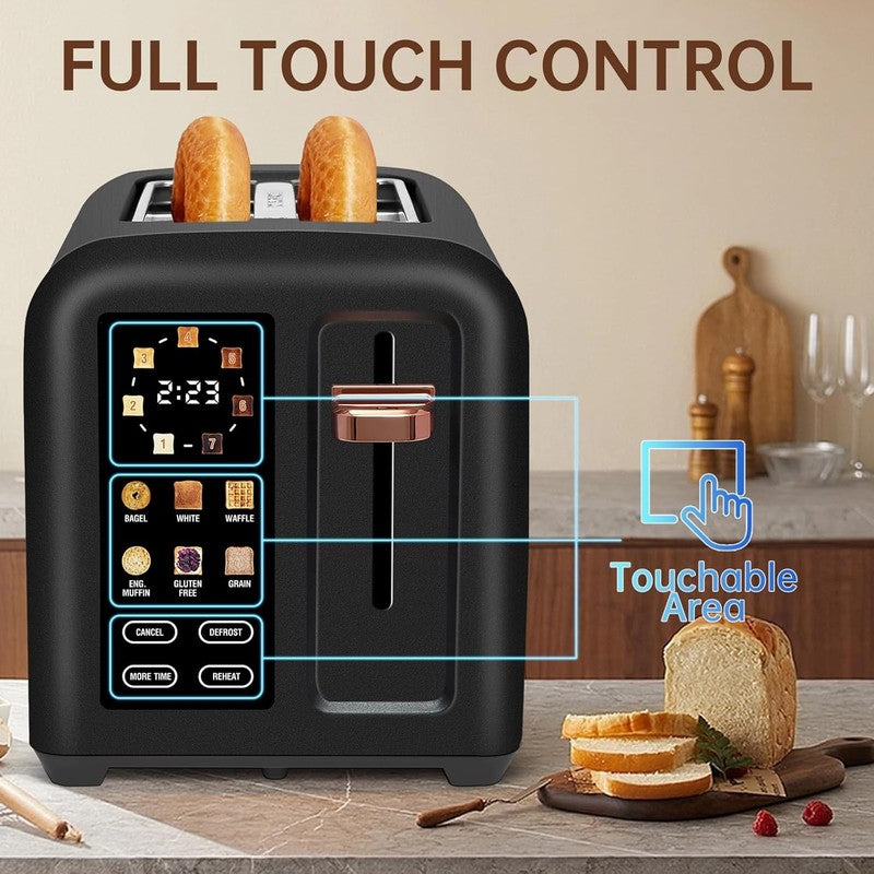 Dark Chocolate 2 Slice Touch Control Toaster - LCD, Wide Slots, 1350W, Fast3