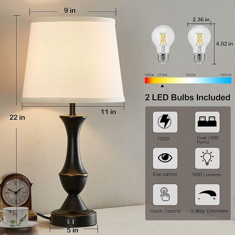 Set of 2 Linen Table Lamps 3 Way Dimmable Nightstand Lamps for Bedroom4