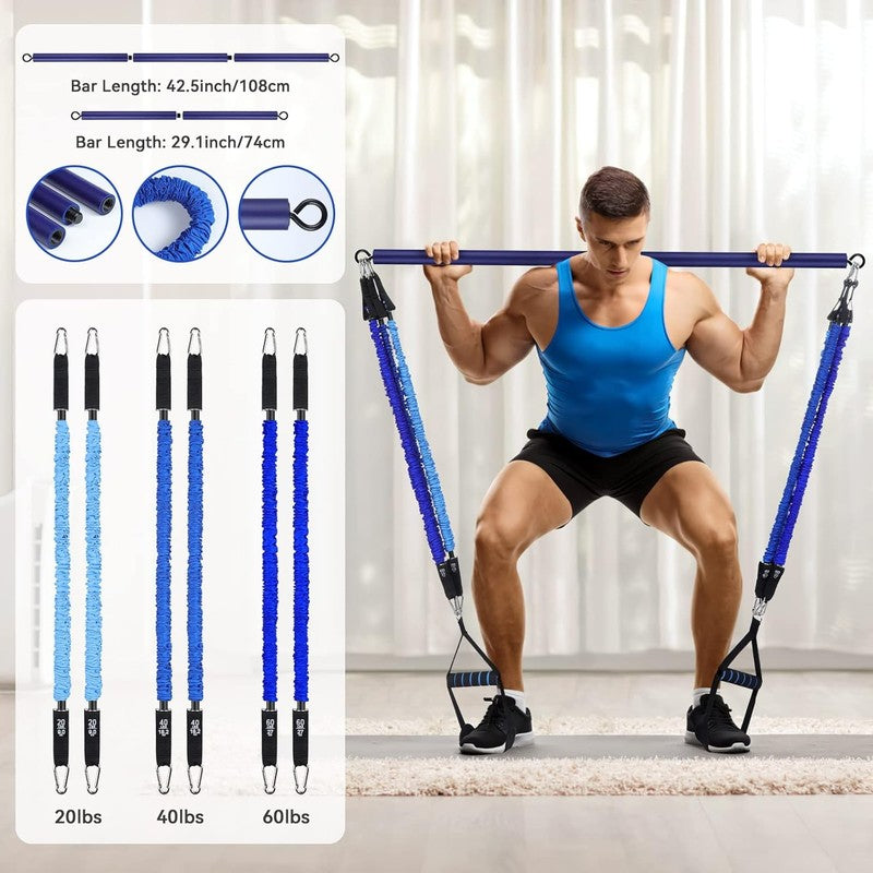 Portable 3-Section Pilates Bar Kit w/ Resistance Bands 20-60lb Full Body4