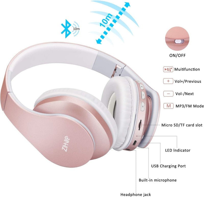 Rose Gold Bluetooth Over Ear Headphones, Foldable, Wired/Wireless, Soft Earmuffs5