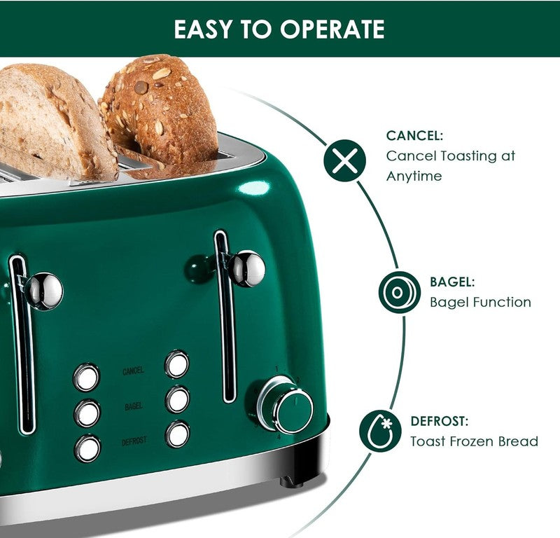 4 Slice Retro Toaster Green Stainless Steel Bagel Defrost Wide Slots3