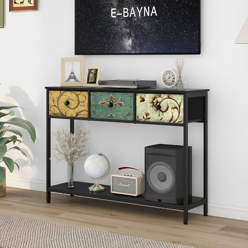 Black Entryway Console Table Boho Farmhouse Sofa Table 3 Fabric Drawers Shelf3