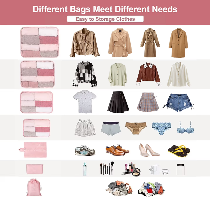 Packing Cubes 9 Set Travel Organizers Clothes Shoes Toiletry Bag Pink4