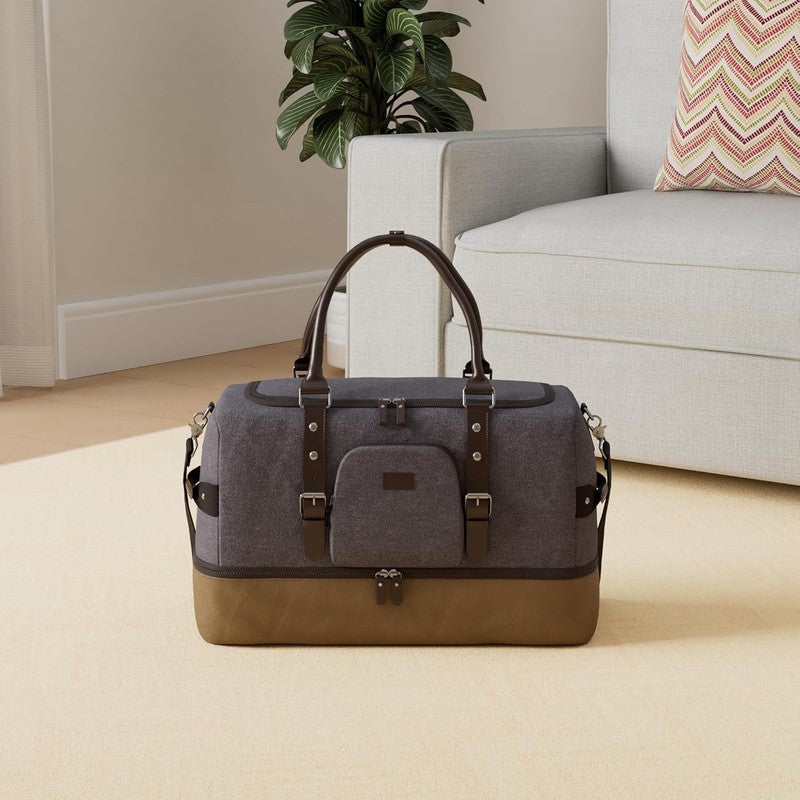 Nerlion Weekender Duffle Bag Gray Canvas Leather Carry On w/ Shoe Compartment1