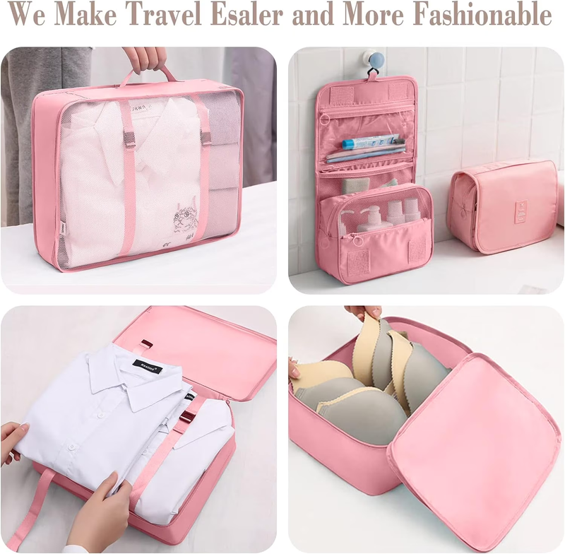 Packing Cubes 9 Set Travel Organizers Clothes Shoes Toiletry Bag Pink3