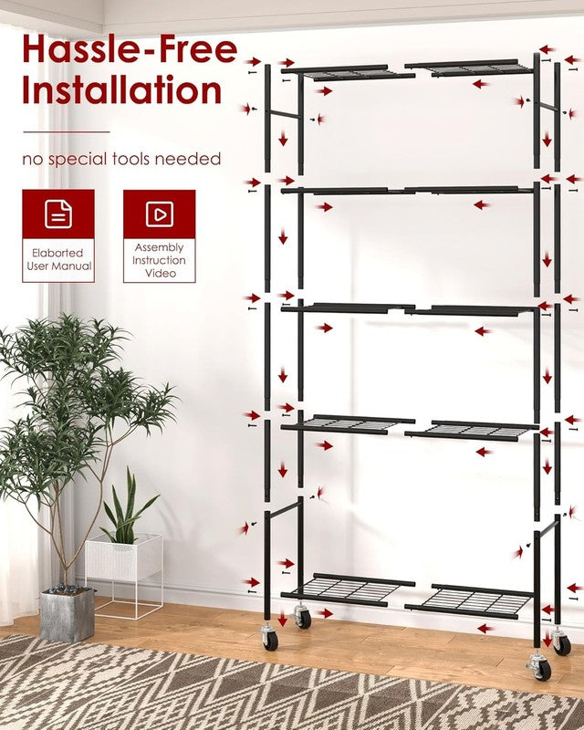 5 Tier Metal Storage Shelves w Wheels Heavy Duty Adjustable Black6
