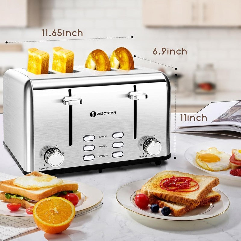4 Slice Stainless Steel Toaster - Wide Slots, Bagel, 6 Shades, 1550W, Prime3
