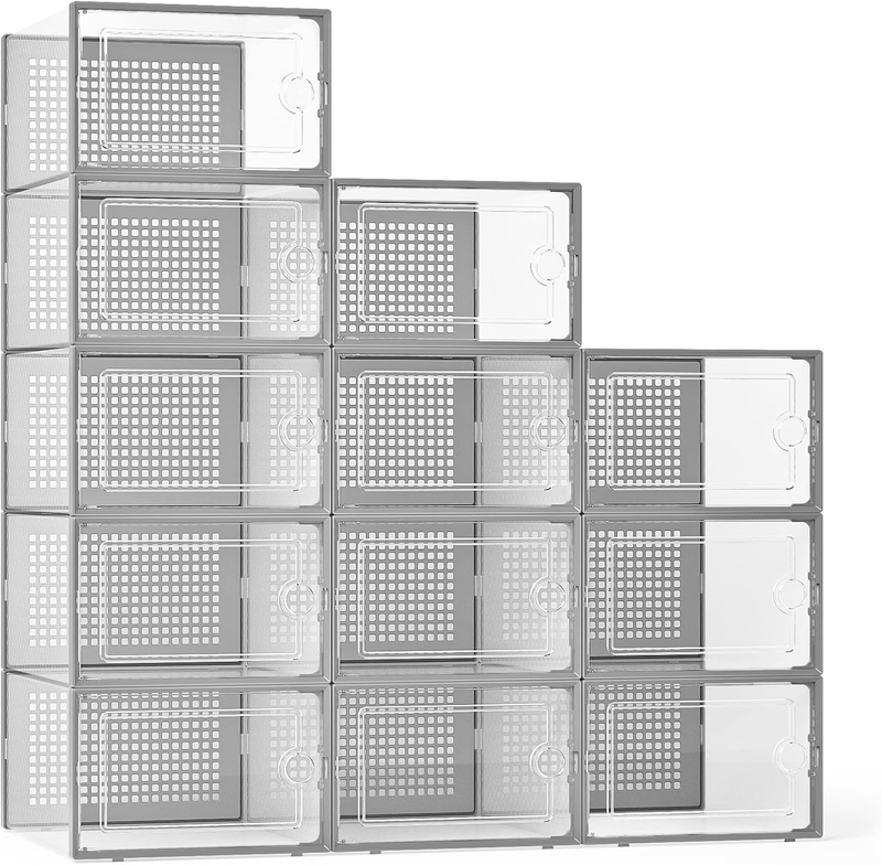 12 Pack X Large Clear Shoe Storage Boxes, Stackable Organizer Bins, Grey0